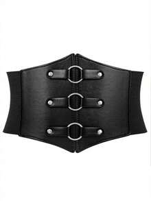 1pc Women's Black Fashion PU Leather Triple-Ring Elastic Waist Belt, Versatile Waist Cincher Suitable For Commute, Holidays, Parties Or Daily Wear - Black - View 3