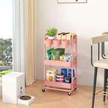 Blue Plastic Rolling Utility Storage Cart, 3 Tier Trolley With Hanging Cups Handles Lockable Wheels For Kitchen Bathroom Office - Pink - View 4