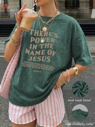 2026 Letter Print Slogan Casual Loose Dropped Shoulder Washed Short Sleeve T-Shirt, Washed Style, Dropped Shoulder Tee, Retro Sporty Tee, Oriental Aesthetic Streetwear T-Shirt, Short Sleeve St. Patrick's Day Lucky Tee, 2026 Back To School, Campus Style Inspiration, Back To School Essential, First Day Of School, 2026 Back To School Look, Vintage Women Top, College Style Summer