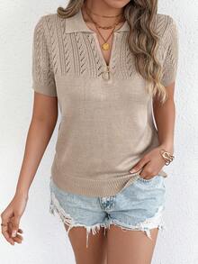 Women's Casual Retro Fashion Zip-Up Collar Short Sleeve Knit Top, Spring/Summer - Khaki - View 6
