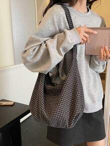 Fashionable Plaid Shoulder Bag, Large Capacity Campus Style Crossbody Bag, Student Cloth Bag, Pastoral Chic - Grey - View 2