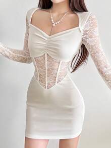 顶级炫彩时尚方领长袖网纱拼接连衣裙 - 白色 - 查看 6