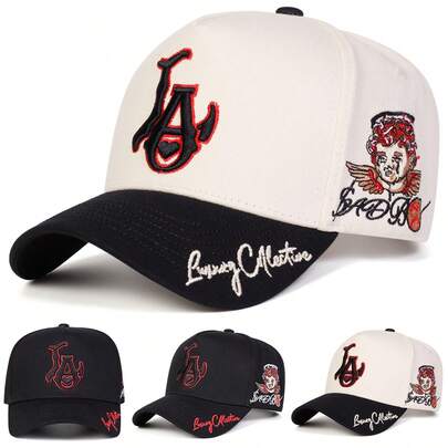 1 pieza Gorra de camionero LA para hombres, gorra de béisbol con bordado de letra y corazón, gorra de moda callejera de 5 paneles, gorra casual de protección solar para primavera, otoño, viajes, playa