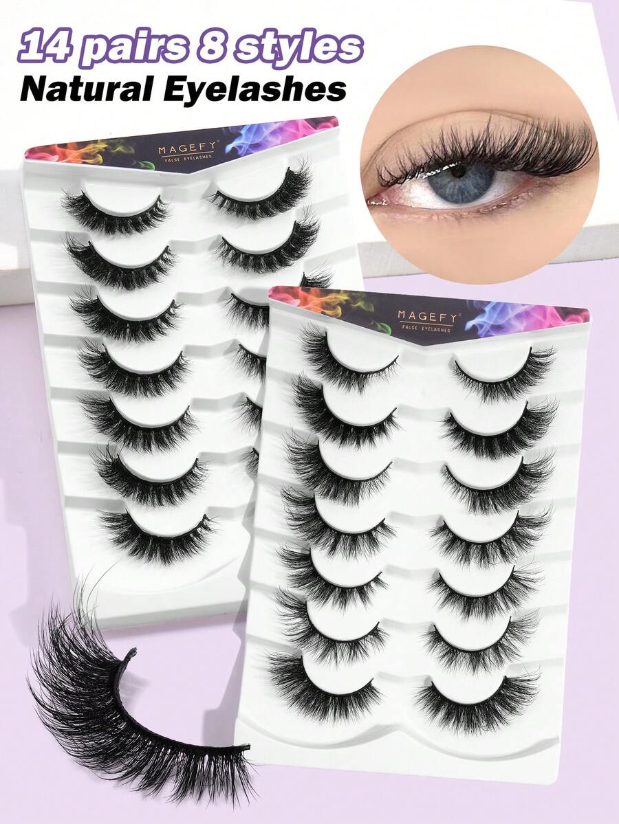 MAANGE 14 Pairs Of Natural Full False Eyelashes,Thick Curling Fluffy Eyelashes For Party Use Manga Eyelashes, Travel Essentials - 黑色 - 查看 1