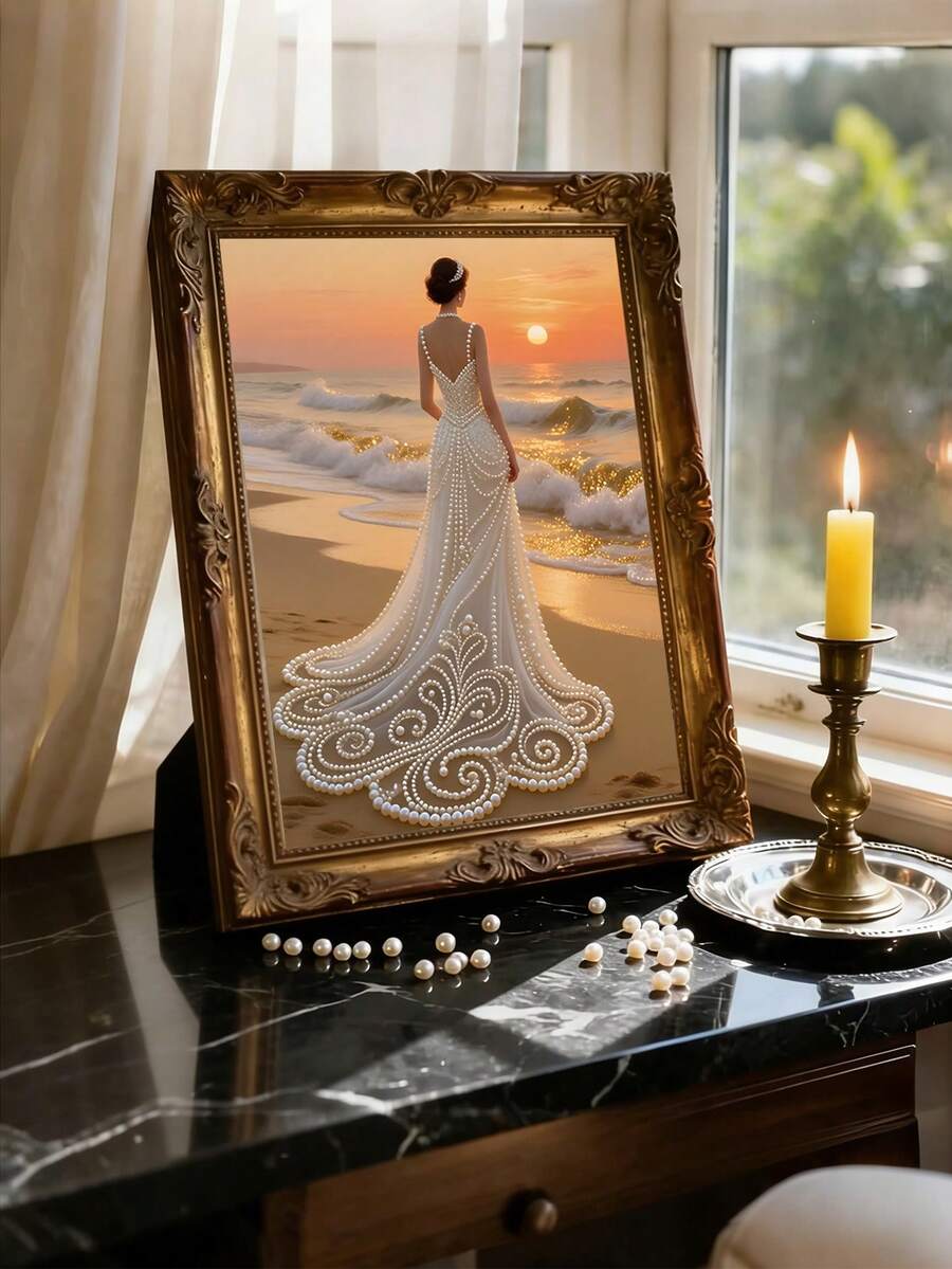 1 Set Beach Bride Diamond Painting Kit, Includes Pearls, Gifts & Tools, Suitable For Beginners & Crafters, Can Be Used For Wall Decor, Bedroom Decor, Birthday, Father's Day, Mother's Day, Wedding Gift, Bathroom Decor