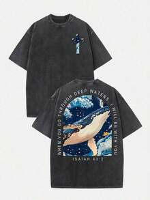 2026 Summer Clothes(230g T-Shirt) Loose Washed Cotton "When You Go Through Deep Waters" Turtle Graphic T-Shirt, Comfortable Christian Faith Tee With - Black 2 - 查看 9