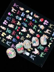 1 Sheet Macaron Cute Girl Nail Art Stickers, Featuring Teddy Bear, Rabbit, Duck, Pony And Other Adorable Animals, Paired With Macaron Colors, Bows, Strawberries, Floral Bouquets, Baby Bottles, Candies, Healing Soft And Sweet, Fresh Style, Perfect For Casual, Campus, Girlfriend Dates, Theme Parties - Multicolor - View 3