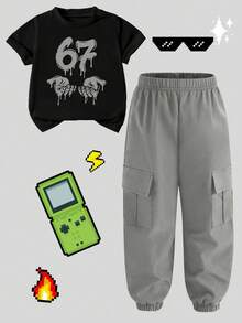 2pcs/Set Boys' Letter Print Short Sleeve T-Shirt And Cargo Pants Casual Outfit - Grey - View 2