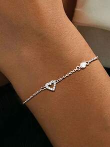 1pc S925 Sterling Silver Minimalist Personalized Zirconia Hollow Heart Inlaid Bracelet, Women's Fashion Sweet Petite Delicate Heart-Shaped Thin Bracelet, Niche Ins Style Luxury Elegant Charm Jewelry Gift - Love - View 10