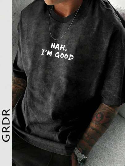  Áo thun nam GRDR mùa hè in chữ, cổ tròn, tay ngắn, chất liệu denim mài, thoải mái và thời trang.