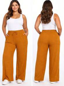 Women's Plus Size Boho Casual Wide-Leg Pants With Drawstring Pockets For Everyday Wear - Naranja - Ver 3
