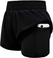Girls Athletic Shorts Elastic High Waist 2 In 1 Shorts With Side Pockets Running Workout Sports For Teen Kids - màu đen - Xem 7