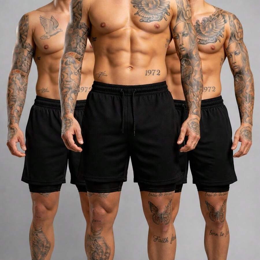 Kit Of 3 Short 2-In-1 Dry Fit Lined Men's Gym Shorts For Running And Training With Elastane - Black/Black/Black - View 1