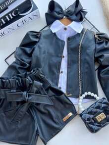 Children's Fashion Blogger Set - Leather Jacket With Princess Sleeves + Clochard Shorts - màu đen - Xem 5