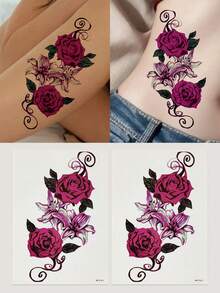 1入組玫瑰花紋暫時性刺青貼紙,適用於腿和手臂 - 彩色 - 查看 10