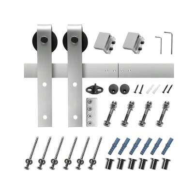 Kit de Herrajes para Puerta Corrediza de Granero 2,44 m Riel de Acero al Carbono para Una Sola Puerta Ancho de 106,68-121,92 cm Espesor de 34,92-44,45 mm Carga de 150 kg a Hogar, Plata Mate