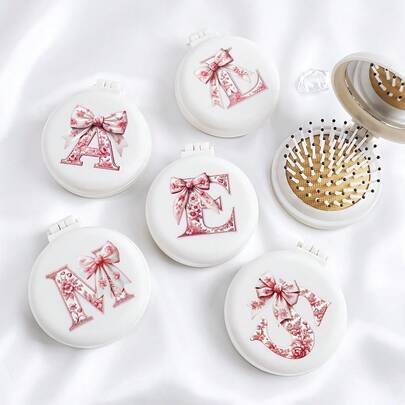 Portable Pink Bow Letter Pattern Round Beige Hair Comb With Mirror | Mini Backcombing Hair Brush Suitable For Travel, Camping, Office, Business Trip, Performance | Ideal As A Purse Essential Or Birthday Gift