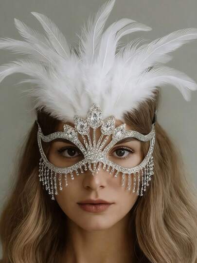 Fashionable Feather & Rhinestone Mask Halloween Stage Singer Mask With Rhinestone Tassels Women's Performance Jewelry Accessories