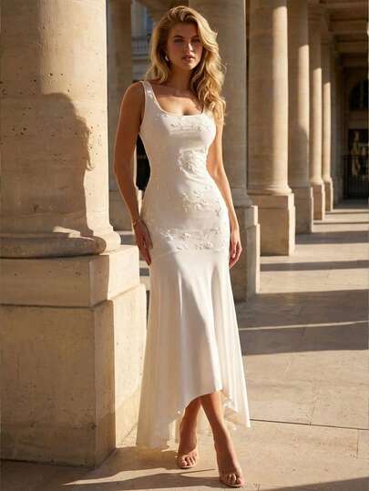 Perirose Women's Elegant White Sleeveless Midi Dress, Fashionable Floral Embroidered Fitted Dress, Romantic Asymmetric Hem Wedding Guest Gown, Sophisticated Bridal Party Attire