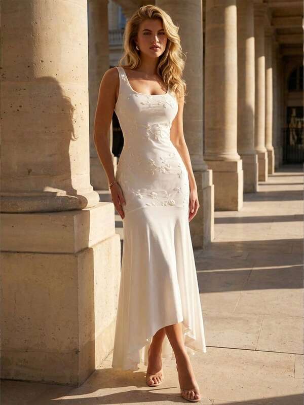 Vestido Midi Elegante Branco Sem Mangas para Mulheres, Vestido Ajustado com Bordado Floral da Moda, Vestido de Convidada de Casamento com Bainha Assimétrica Romântica, Traje Sofisticado para Festa de Noiva