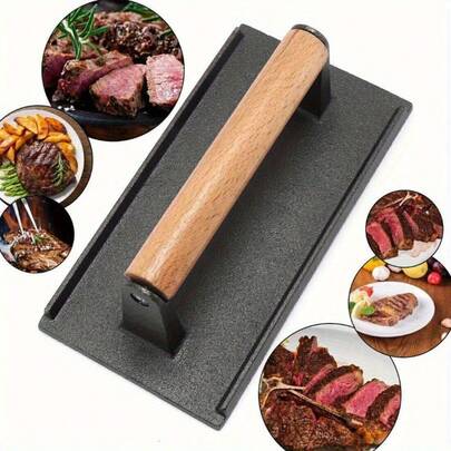 Cast Iron Steak Press Flat Weight Bacon Meat Hamburger Grill BBQ Wood Handle