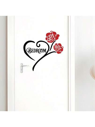 1pc Personalized Simple Heart And Flower BEDROOM English Slogan Door Sticker. Suitable For Bedrooms, Kitchens, Bathrooms, Toilet Decorations, Studies, And Other Home Decor Wall Stickers. Give Your Life A Fresh New Look!