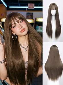 30 Inch Cool Brown Straight Wig For Women - With Bangs, Premium Synthetic, Adjustable Cap | Daily/Party Styling - Brown - View 2
