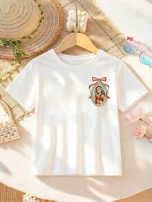 Disney Cartoon Cute Princess Moana Printed Children's T-Shirt. This Soft And Breathable Short Sleeved Round Neck T-Shirt Is Perfect For Spring And Summer Wear, Making It An Ideal Choice For Daily Wear, Vacation And Leisure, Outdoor Exploration, Campus Life, And Shopping Trips. It Is Also An Excellent Gift For Boys And Girls Of The Same Age. Every Child Deserves One. - White - View 2