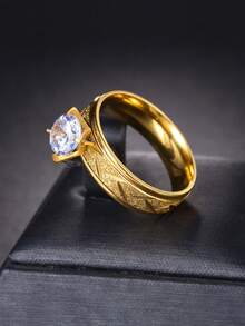 1pc Elegant Gold-Tone Rhinestone Textured Stainless Steel Ring, Suitable For Wedding & Daily Wear - Gold - View 2