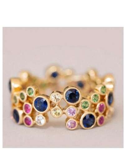 Vintage Asymmetrical Multi-Color Cubic Zirconia Inlaid Ring, Rainbow Polka Dot Ring, Cocktail Ring, Elegant Jewelry Accessories For Holiday Party