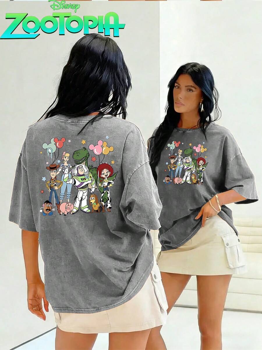 Disney Toy Story Multi-Role Warm Party Before And After The Printing  Oversized To Make Old T-Shirts, Street Wind Spring And Summer 2026 Retro Fashion Lovers Popular Style To Make Old Round Neck T-Shirts. - Xám - Xem 1