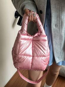 新款棉质小手提包，时尚简约羽绒包，托特包，水桶包，多功能单肩斜挎包 - 彩色 - 查看 9