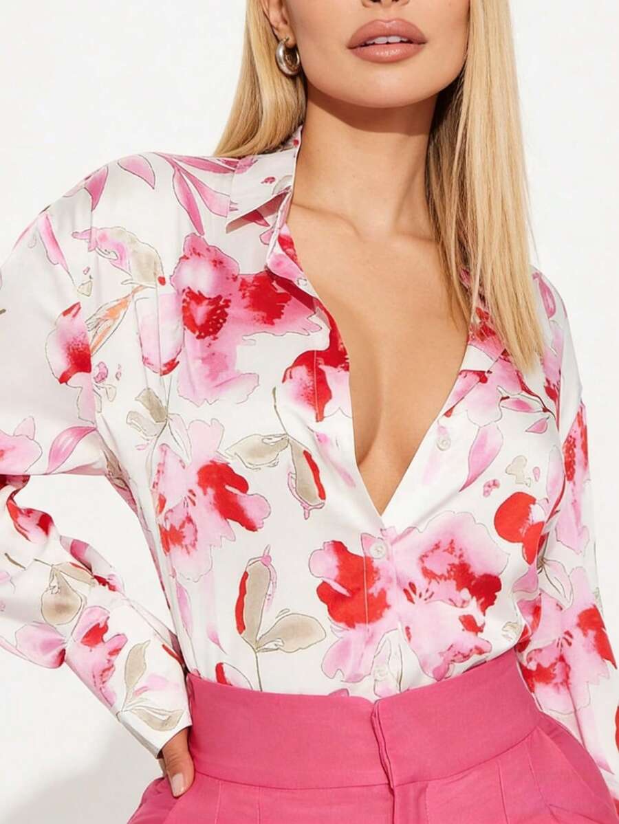 Große Größen Aquarell Blume Muster Loose Shirt, französischer Lässig Stil, Hemdkragen, elegante Pendler Bluse Rosa Urlaub Frühling - Pink - Übersicht 1