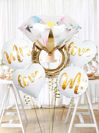 5件套订婚派对装饰气球 - 金色男女圆形气球、心形气球、金色订婚戒指造型气球，适用于金色主题订婚装饰、单身派对、婚礼、新娘送礼会