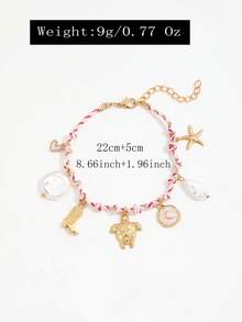 1条波西米亚风彩色编织手链，饰有仿珍珠、油滴心形、海龟、海星吊坠，女士款 - 金色 - 查看 5