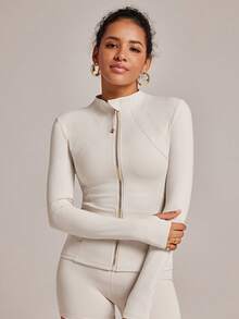 VUTRU Women's Long Sleeve Jacket With Pockets And Thumb Holes, Running Workout Activewear Top Spring - Creamy White - View 8