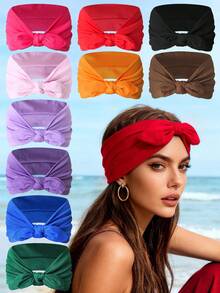 3 pezzi Fasce elastiche extra larghe a torsione di colore unito per donna, accessori per capelli alla moda e alla moda per l'autunno e l'inverno, adatti per vacanze, outfit eleganti, sciarpe, bandane e fasce per capelli morbide per donna, estivo, vacanza, viaggio - Multicolore - Visualizzare 9