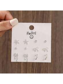 6 Pairs/Set Silver Plated Minimalist Heart & C-Shape Stud Earrings, Gift For Women, Suitable For Mom Or Girlfriend - Silver - View 7
