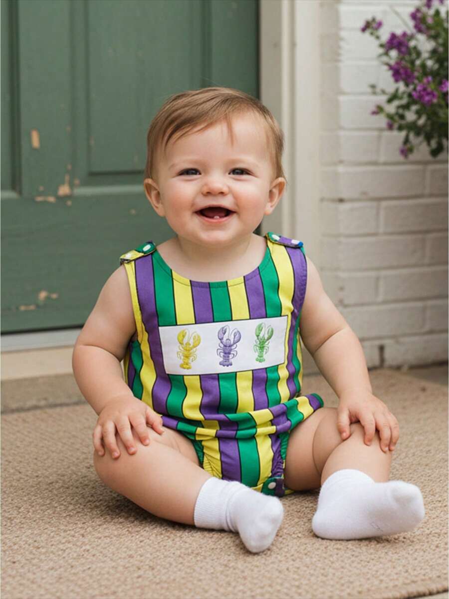 Mono de verano para bebés, niños y niñas, con estampado de langosta, cuello redondo, sin mangas, para uso diario - Morado - Ver 1