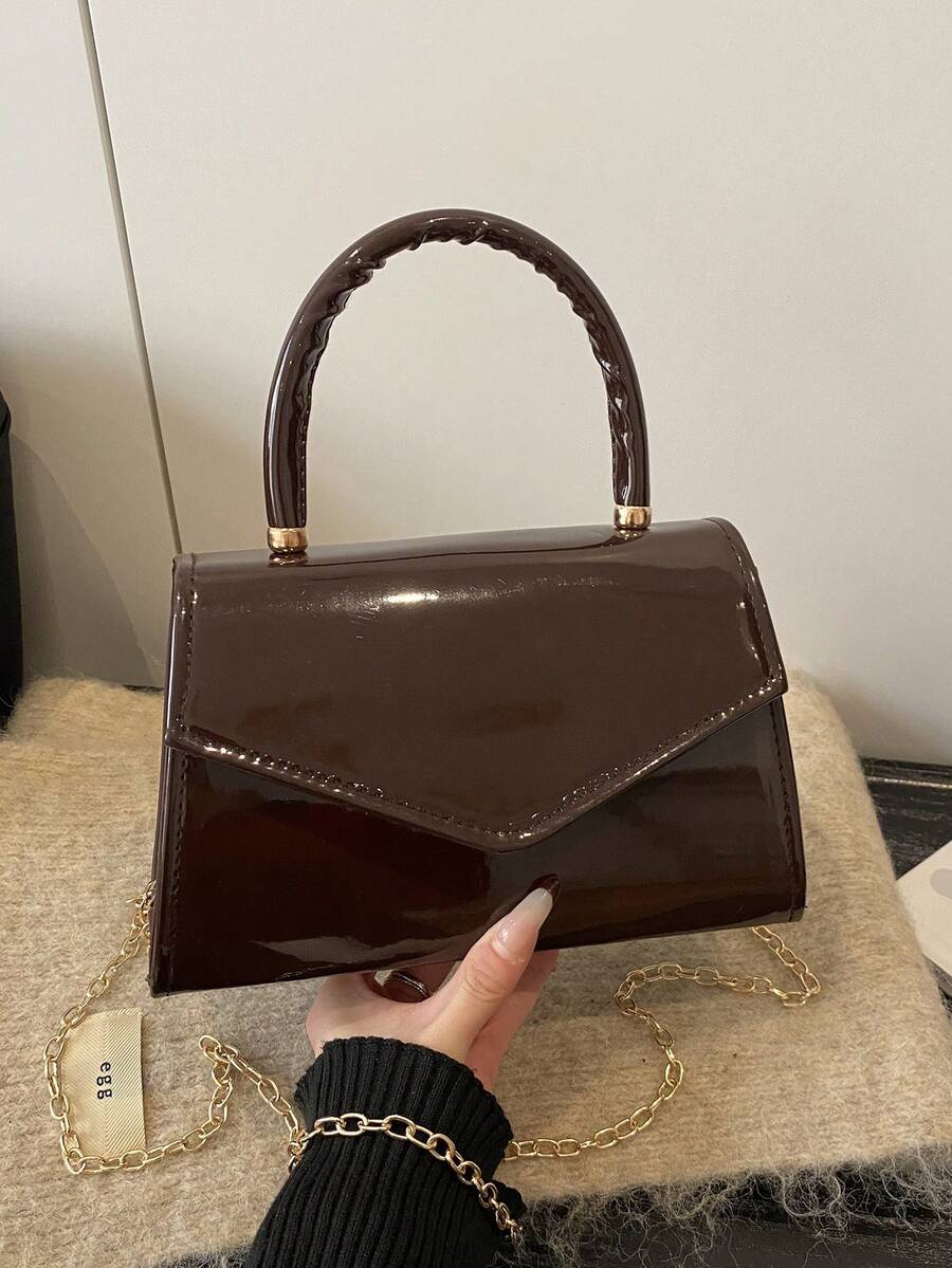 新款亮面手提包，晚宴包，链条肩带小方包 - 咖啡棕 - 查看 1