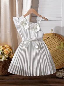 Đầm hè dáng casual cho bé gái, họa tiết hoa 3D, dây mảnh, viền bèo nhún, thắt nơ, chân váy xếp ly, kiểu dáng thời trang và thanh lịch tối giản, phù hợp cho mặc hàng ngày, dự tiệc và các dịp trang trọng. - trắng - Xem 2