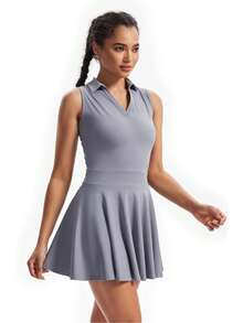 Plain Fitness Dress With Polo Collar And Built-In Shorts With Comfortable Pocket - 灰色 - 查看 3