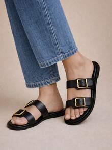 Sandalias planas con doble hebilla - Negro - Ver 1