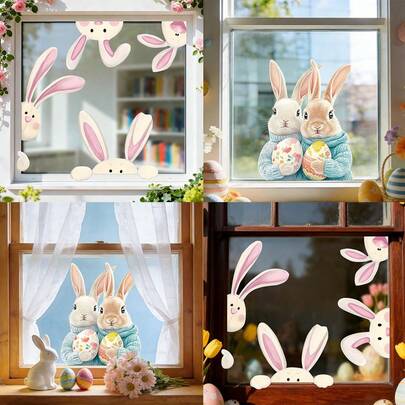 1/2pcs Easter Bunny Static Cling Window Stickers With Rabbit Egg Design, Reusable For Window Decor, Holiday Atmosphere, Spring Decoration