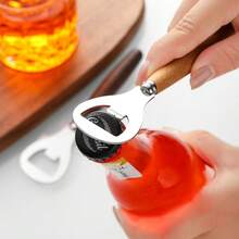 不锈钢瓶起子，木柄设计，哑光拉丝一体式结构，轻松开盖，家用啤酒汽水起子，防滑，适用于酒吧和餐厅 - 查看 3