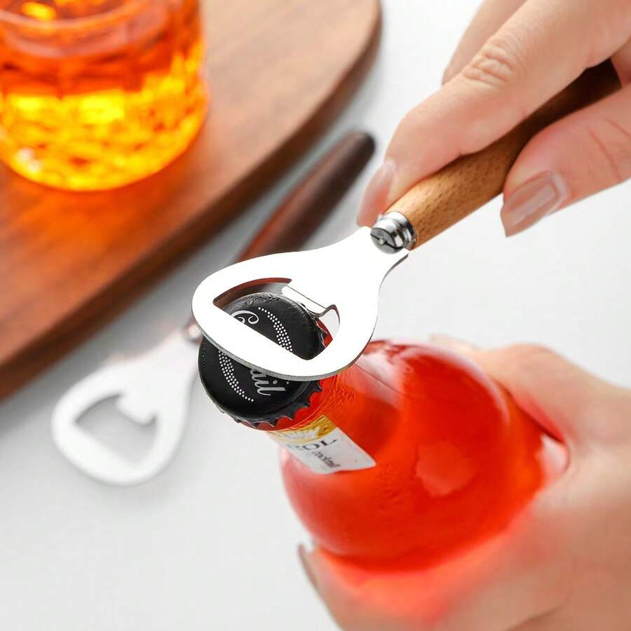 不锈钢瓶起子，木柄设计，哑光拉丝一体式结构，轻松开盖，家用啤酒汽水起子，防滑，适用于酒吧和餐厅 - 查看 1