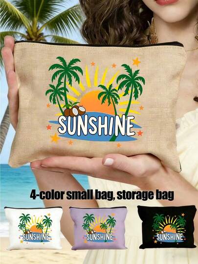 Zipper Bag With Sun Coconut Tree Printed - Summer Pattern, Large Capacity Ladies' Travel Makeup Bag, Portable Foldable Storage Bag, Makeup Storage Bag, Lightweight Travel Cosmetic Bag, Makeup Bag, Handbag, Toiletry Bag, Pencil Case, Gift Bag, Perfect Gift For Back-To-School Season, Summer,Easter, Mother'S Day, Independence Day, Wedding Season, Graduation Season Gifts