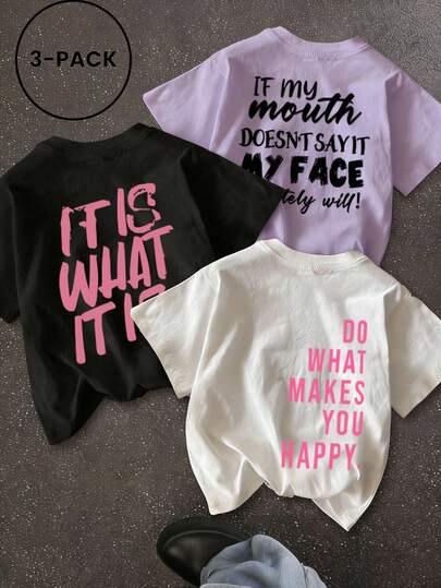 3pcs Women's New Casual Cute Pattern Loose Fit Round Neck Short Sleeve T-Shirts, Fashionable Daily & Holiday Wear. Women's New Summer Outfit, Graphic Print 3-Piece Set Round Neck Tees. Suitable For Valentine's Day, Back To School, Teacher's Day And Other Holidays. Letter Print Soft, Loose & Comfortable Streetwear Casual Short Sleeve Tops