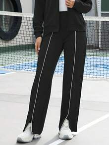 Women's 2 Piece Sweat Outfits Casual Lounge Zip Up Sweatshirt Wide Leg Jogging Pants Striped Track Suit Set - Black - View 5