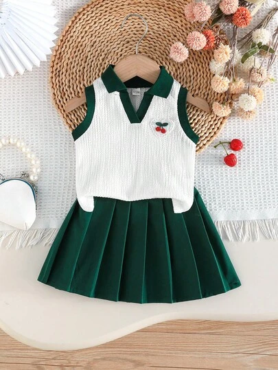 2pcs/Set Baby GirlCollegiate Style Contrast Color Cherry Embroidery Polo Collar Vest + Pleated Skirt Outfit, Summer